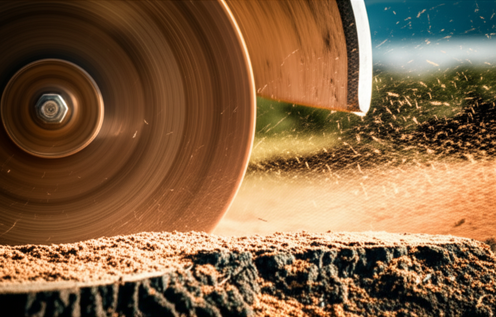 Close-up of stump grinding with wood chips flying